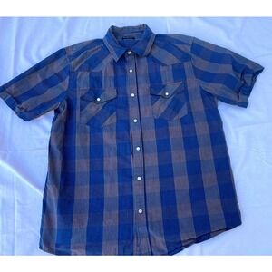 Double Pump Button Down Shirt Mens Large Blue Plaid Excellent Short Sleeve Top